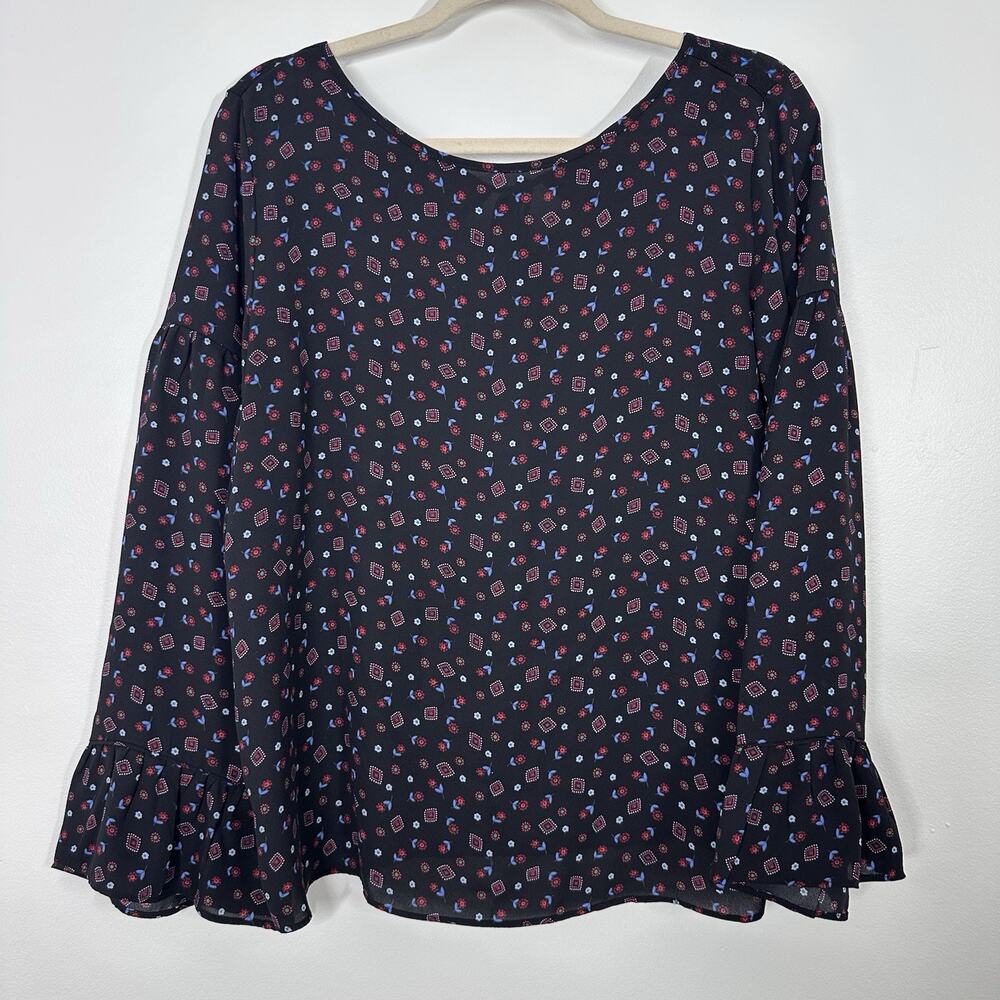 Loft Womens M Black Printed Floral Long Bell Sleeve Semi Sheer Blouse Workwear
